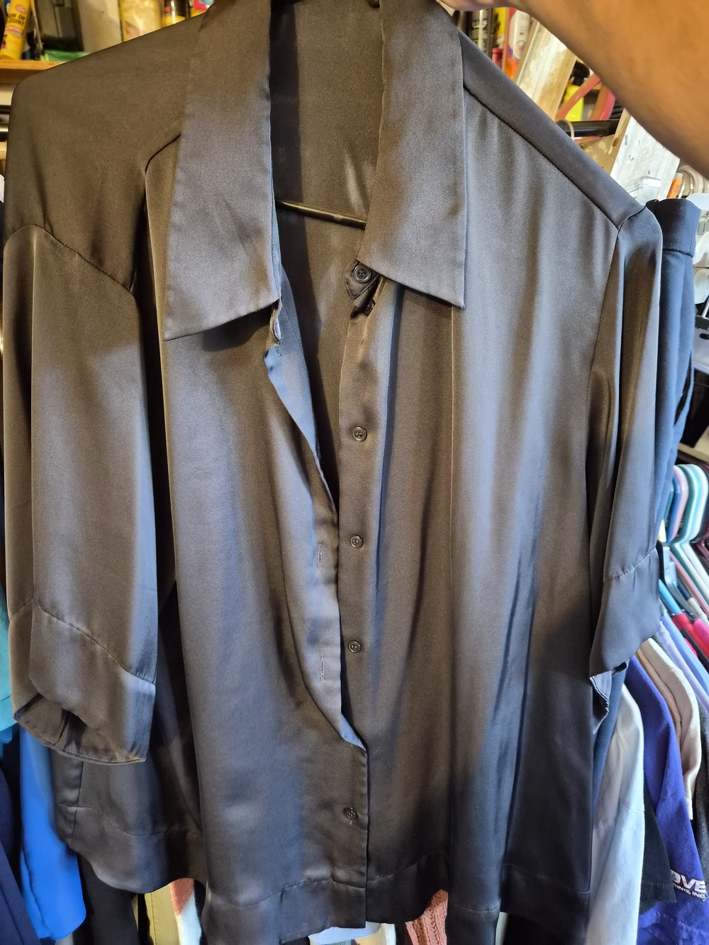 Black Satin Button-Up Shirt